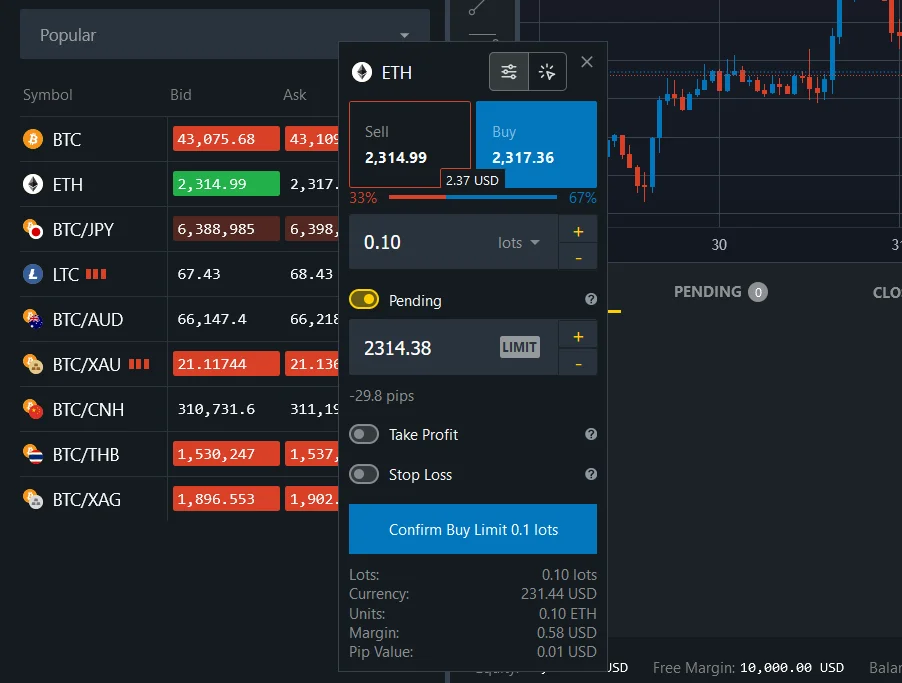 Exness WebTerminal - Opening a trade